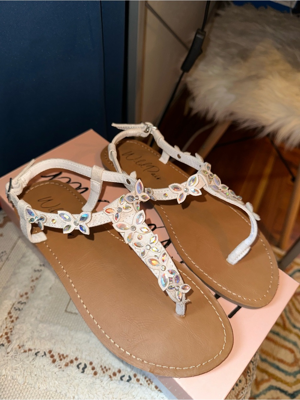 Wild Pair White Embellished T-Strap Sandals